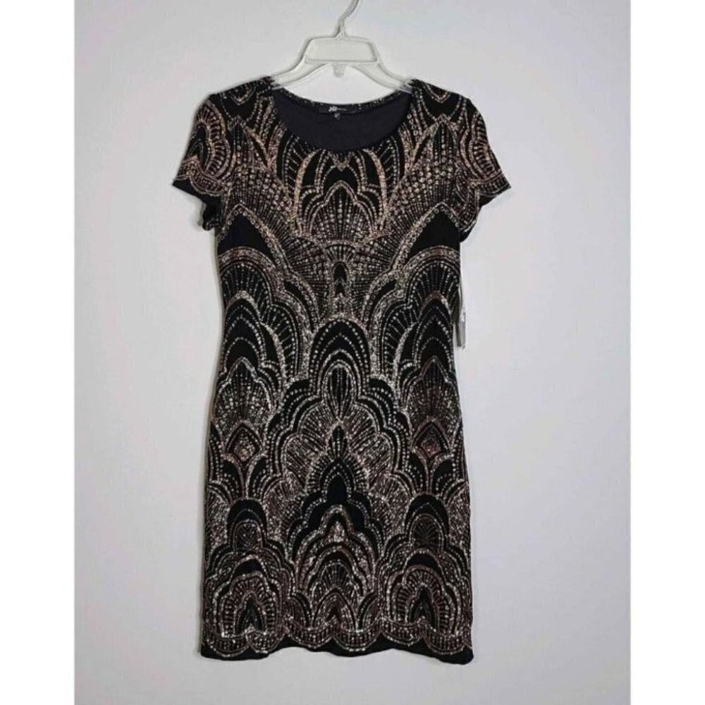 New Jump Juniors Black/Rose Gold Stretch Lined Mini T-Shirt Dress Size M…
